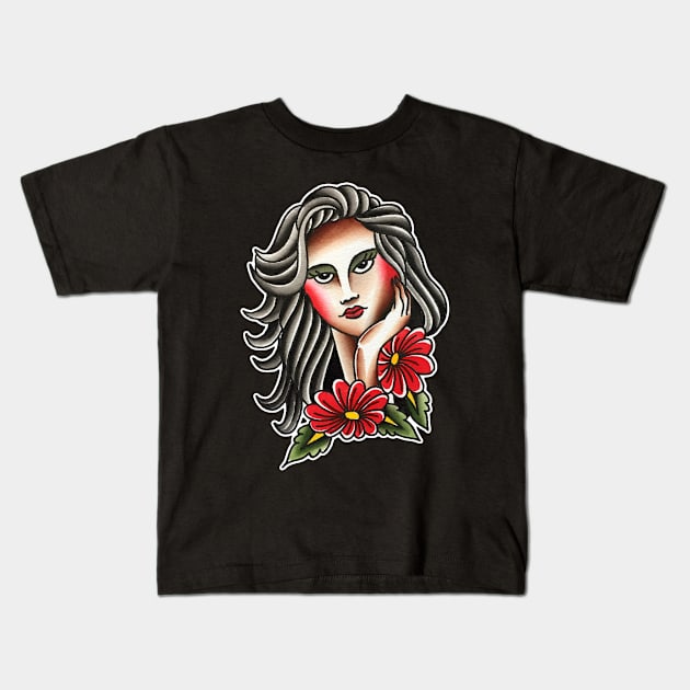 Lady Face with Flowers Tattoo Design Kids T-Shirt by forevertruetattoo